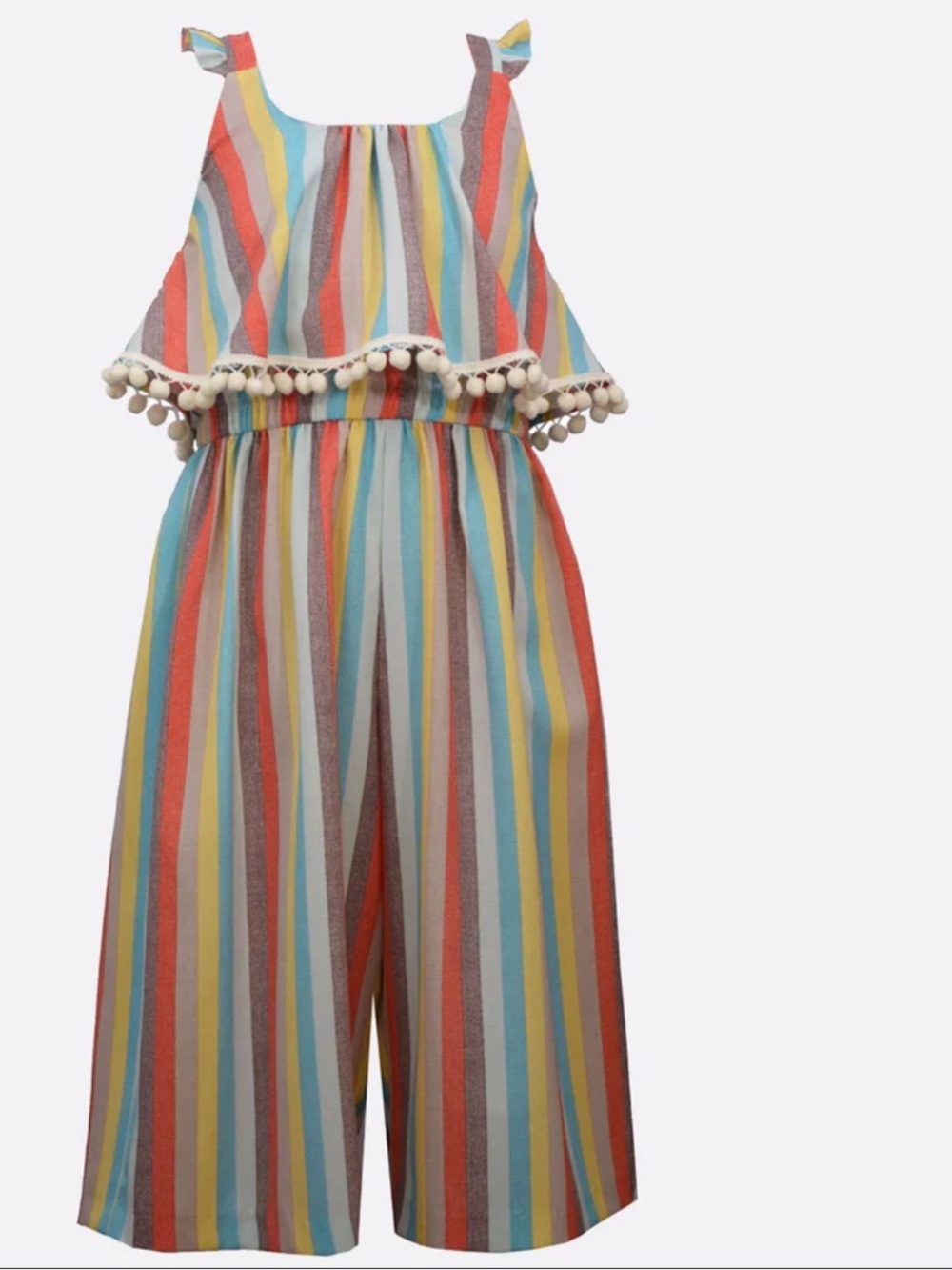 Bonnie Jean Multicolor Stripe Jumpsuit with White Pom Trim
